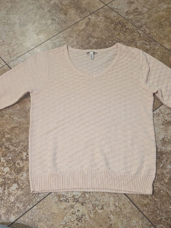 Ella Moss Sweaters - Ella Moss Elbow Sleeve Textured Honeycomb V-Neck Sweater - Pale Pink XS